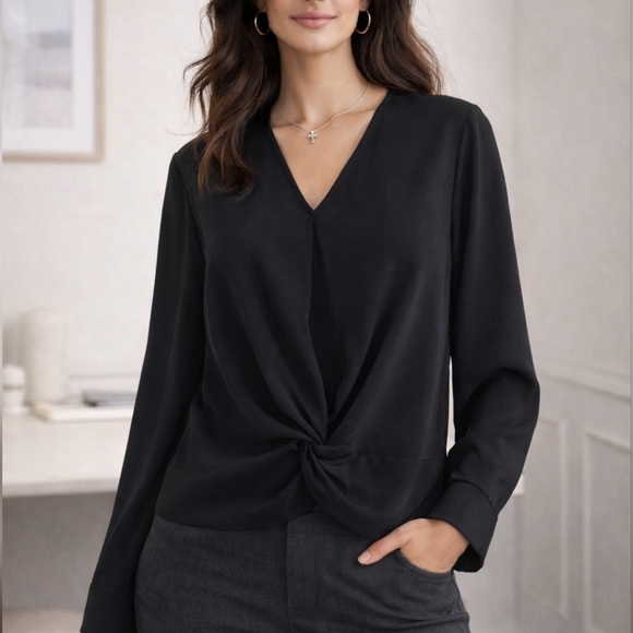 ✨️4/$20. Black Chiffon Long Sleeve Cropped Dress Shirt with Faux Knot Front, M - Picture 2 of 16